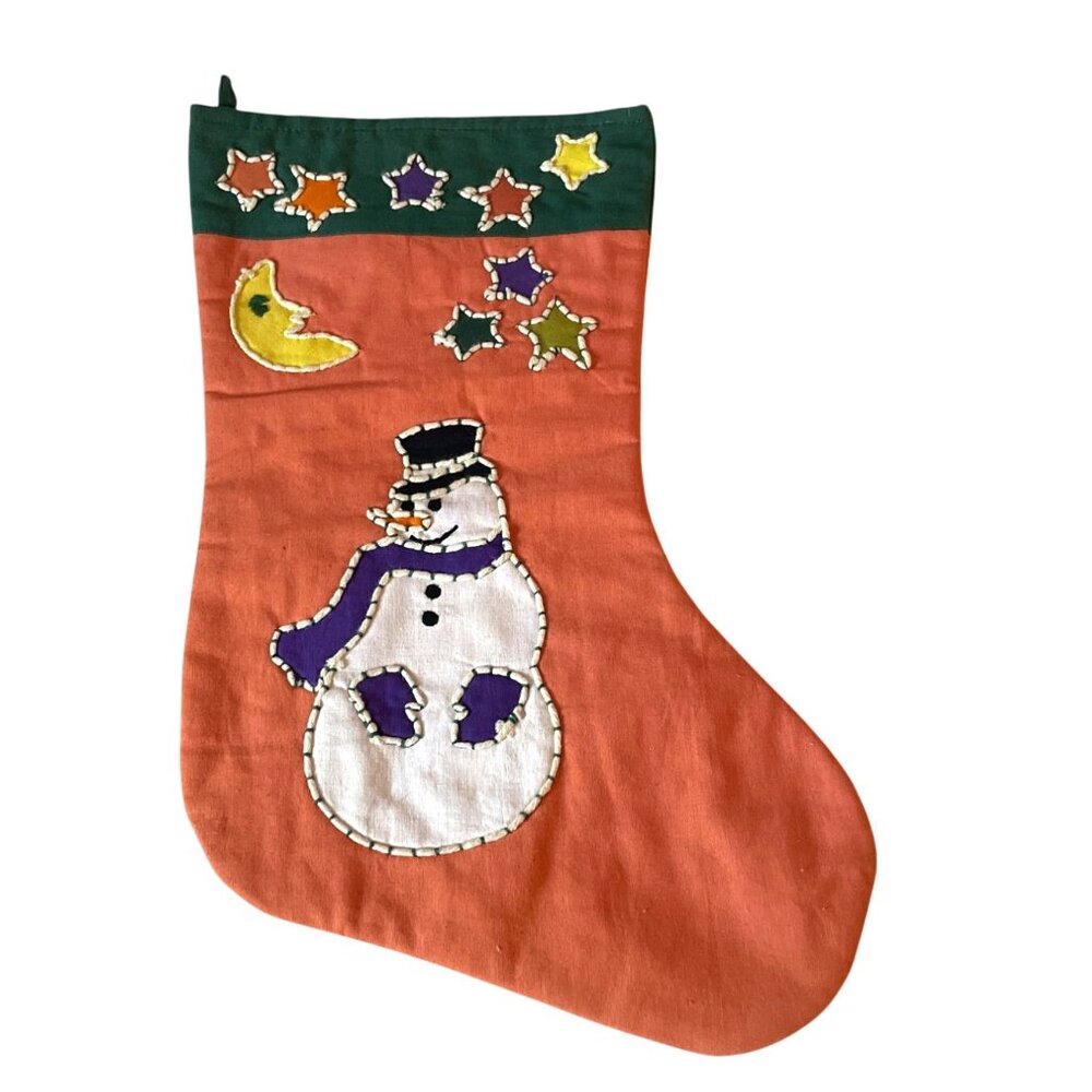 Vintage Embroidered Christmas Stocking Folk Art Snowman Stars Design Primitive